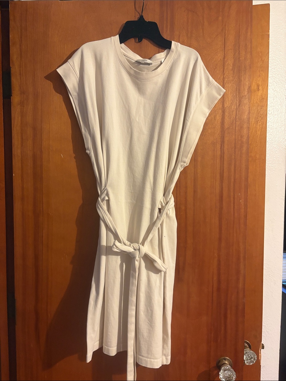 Vince Tie-Waist Cream Midi Dress with Cap Sleeves